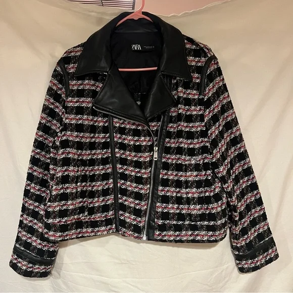 Zara Black/Red Tweed/Textured Moto Jacket - Picture 1 of 12